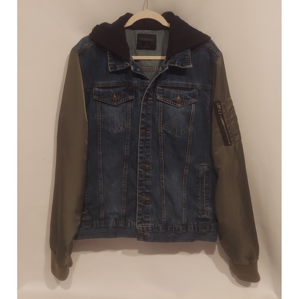 Aeropostale Mens Hooded Denim Trucker Jacket Army Green Bomber Sleeves Size XL